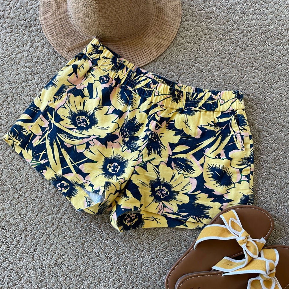 J. Crew yellow floral cotton linen shorts